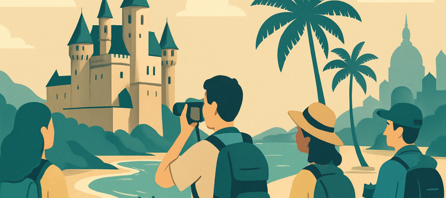 touristes devant un chateau